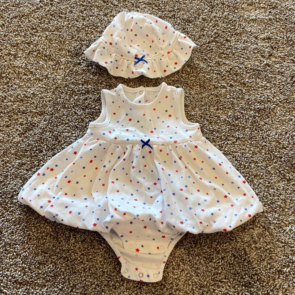 Little Me Bubble Dress with Built in Onesie with Hat, Size 9M, Patriotic